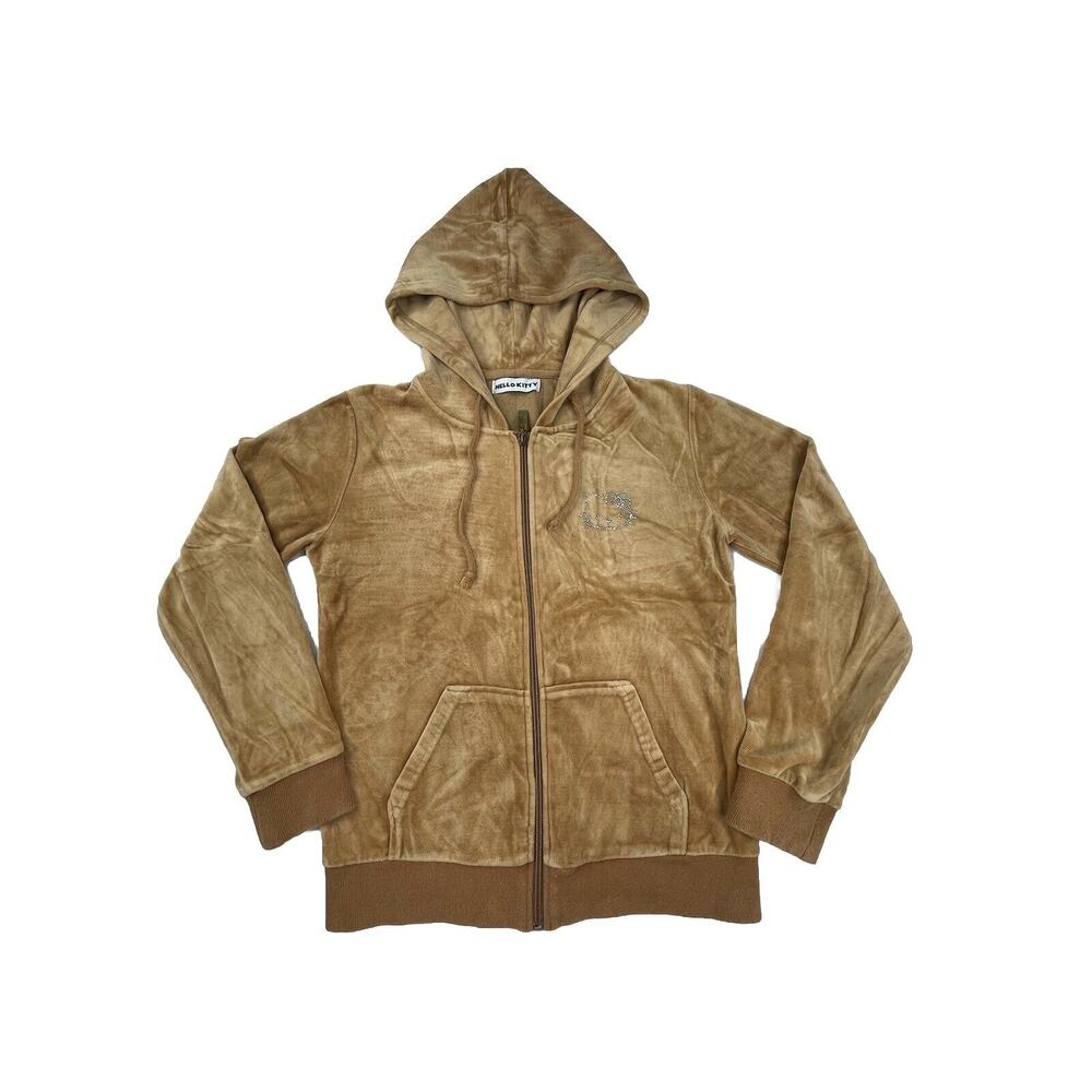 Hello Kitty Rhinestone Tan Velour Y2K Hoodie Jacket Size M P24
